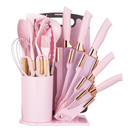 HEESEM 19-Piece Silicone Kitchen Utensil and Knife Set, Heat-Resistant Cooking Tools, Pink
