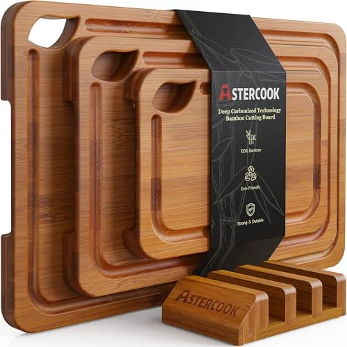 Astercook Deep-Carbonized Bamboo Cutting Board Set with Wood Storage Stand and Juice Grooves