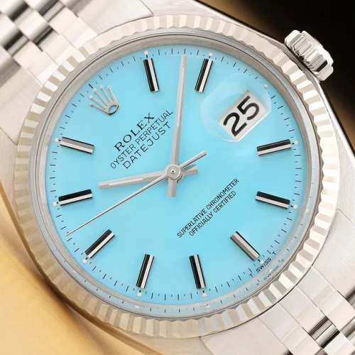 Rolex Mens Datejust 1601 18k Gold Stainless Steel Aqua Blue Jubilee Watch