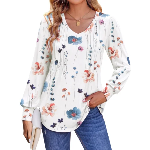 Fantaslook Long Sleeve Women's Fall Tops Dressy Casual Blouses with Pleated V-Neck Tunic Design