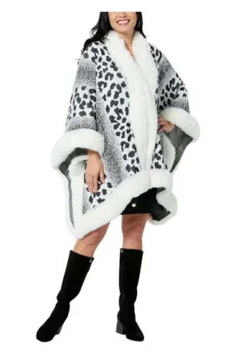 kathy ireland Women's Fashion 360 Skies Faux Fur Trim Cape in White Combo