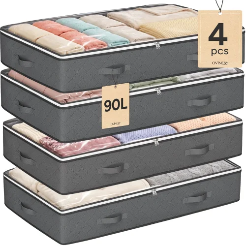 OVINESY 4-Pack Under Bed Storage Containers, Foldable Underbed Bins with Clear Top and Handles