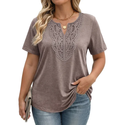Fantaslook Lace Plus Size Tops for Women V Neck Short Sleeve Blouses Summer Tunic Shirts