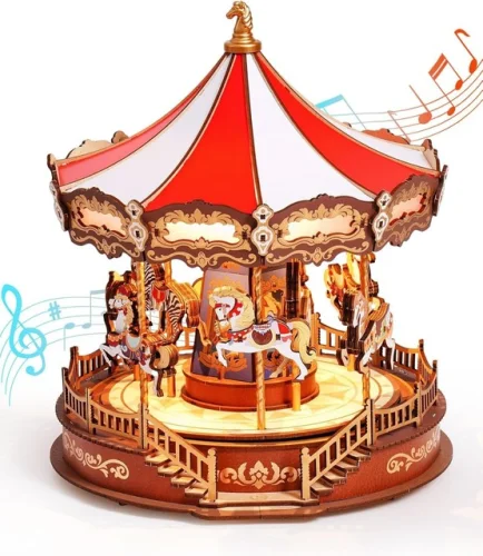 ROKR DIY Carousel Music Box with Lights Model Wooden 3D Puzzles Kit