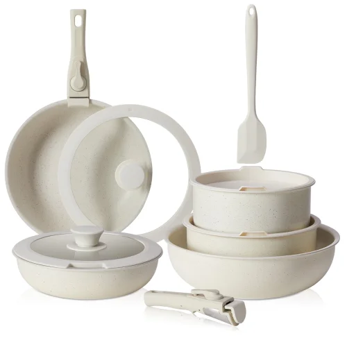 12pcs edx Non-Stick Cookware Set, Pots and Pans Set with Detachable Handle for Kitchen, Beige