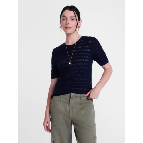 Scenario Women's and Women's Plus Stripe Sweater with Short Sleeves, Available in Sizes XS to 4X