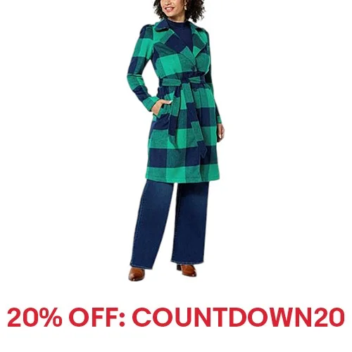 G by Giuliana Women's Black Label Plaid Trench Coat Navy Combo