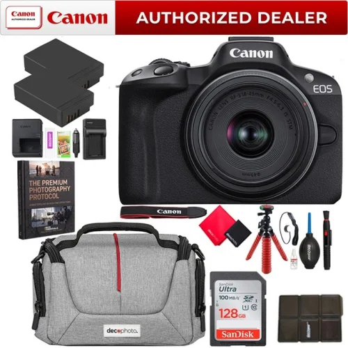 Canon EOS R50 Mirrorless Camera Black with 18-45mm IS STM Lens Kit Essential Bundle