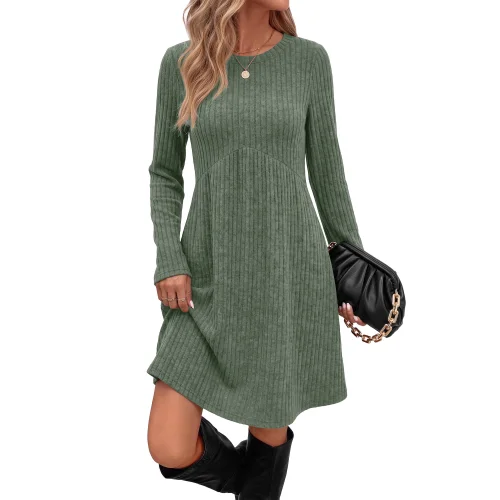 Fantaslook Fall Long Sleeve Crew Neck Empire Waist Tunic Sweater Dress for Women with Pockets