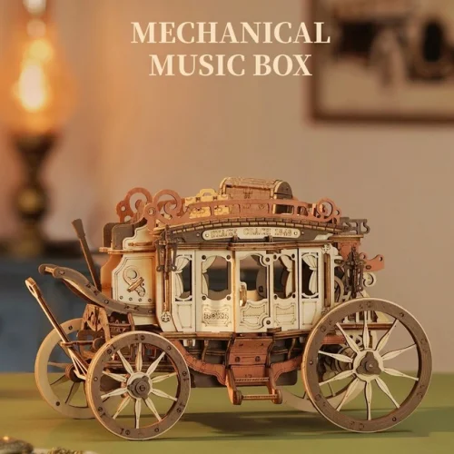 ROKR Wooden 3D Puzzle Stagecoach Music Box Mechanical Building Kit for Adults
