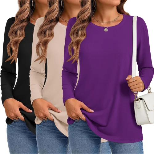 3 Pack MOSHU Women's Crew Neck Long Sleeve T-Shirts Casual Loose Fit Fall Tops for Everyday Wear