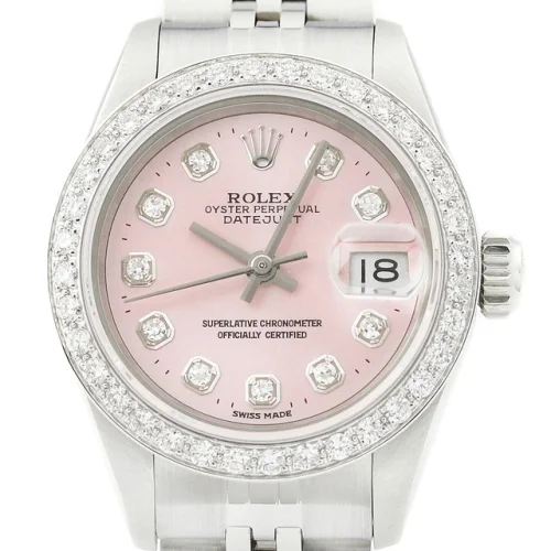 Rolex Datejust 18K White Gold and Stainless Steel Pink Dial Diamond Bezel Watch Model 69174