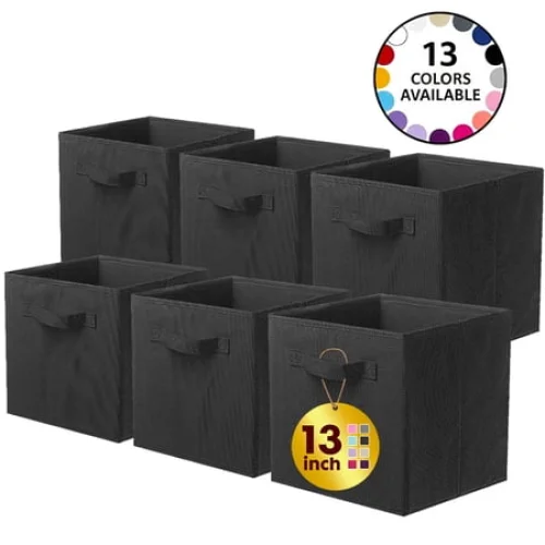 6 Pack PinkSheep Collapsible Fabric Cube Storage Bins, Foldable Organizer Baskets, 13" x 13", Black