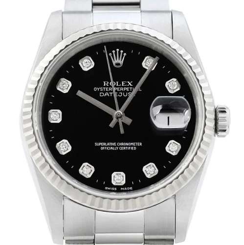 Rolex Datejust Black Diamond Dial 18K White Gold & SS Oyster Watch 16234