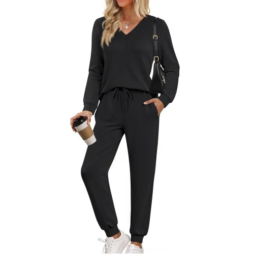Fantaslook Two Piece Sets for Women Fall Outfits V Neck Long Sleeve Tops and Jogger Pants Tracksuit