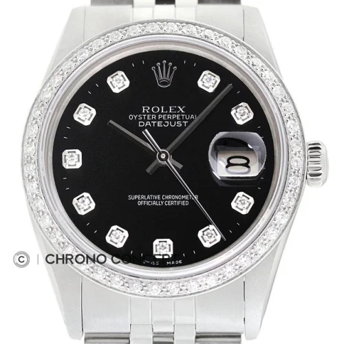 Rolex Datejust Black Diamond 18K White Gold & Stainless Steel Jubilee Band Watch Model 16014
