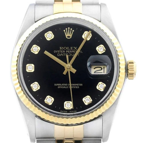 Rolex Datejust 18K Gold & Stainless Steel Black Diamond Dial Jubilee Band Watch Model 16013
