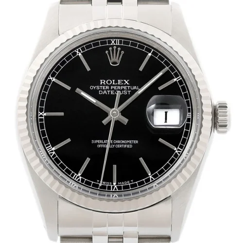 Rolex Datejust Black Dial 18K White Gold & SS Jubilee Band Watch 16014