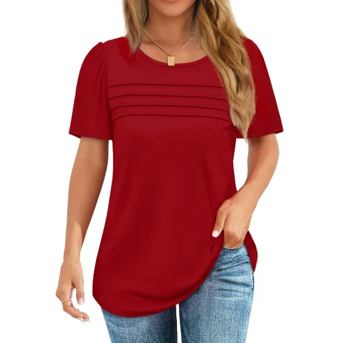 Fantaslook Women's Dressy Casual Summer Short Sleeve Crew Neck Pleated Tunic Top Blouse Shirt