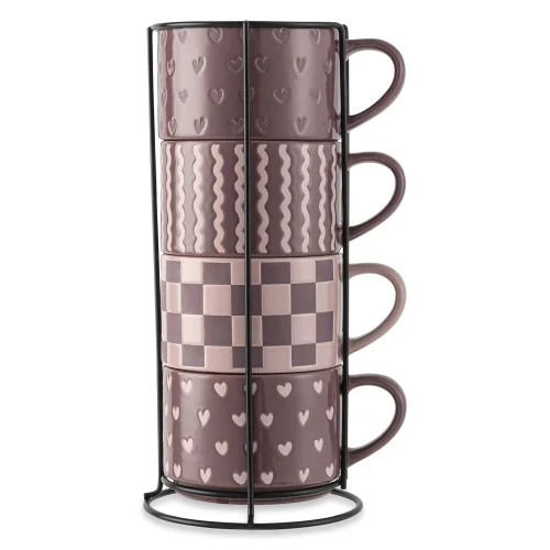 Thyme & Table 4 Pack Stacking Mugs, Purple Hearts, Purple Checkered and Purple Squiggles 11.1 fl oz