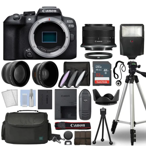 Canon EOS R10 Mirrorless Camera Body with 18-45mm Lens Kit, 32GB Memory Card, and Flash Accessory