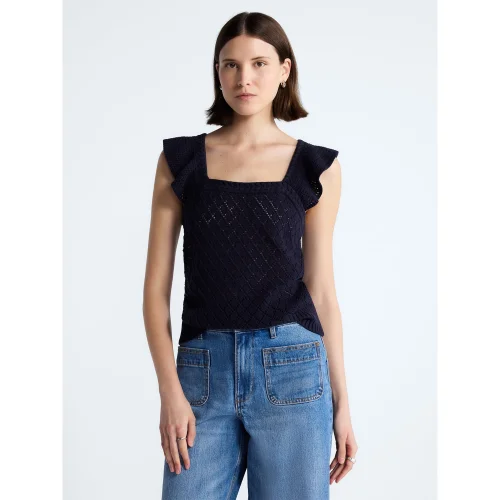 Free Assembly Women's and Women's Plus Square Neck Cotton Sweater with Flutter Sleeves, XS-4X