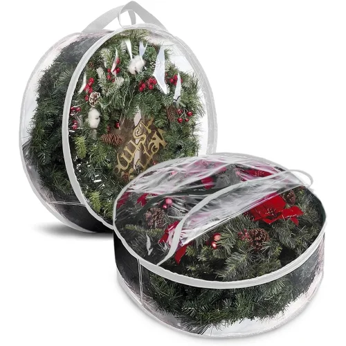 Behome 2 Pack Christmas Wreath Storage Bag, Clear Christmas Decoration Garland Container, Durable Zipper PVC Holiday Wreaths Storage Holder with Handles (White, 24&rdquo;)