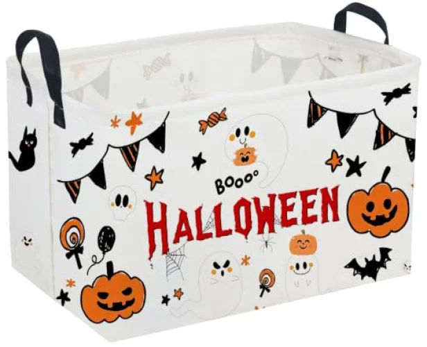 Sanjiaofeng Rectangular Halloween Ghost Storage Basket with Leather Handles for Home Organization