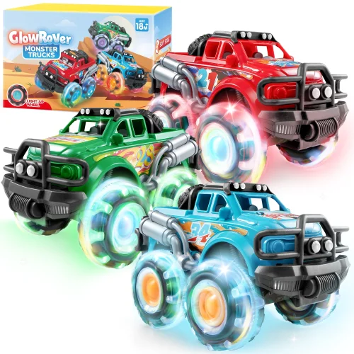 3PCS Joyfy Monster Friction-Powered Truck Toy Set with Flashing LED Wheels for Toddlers