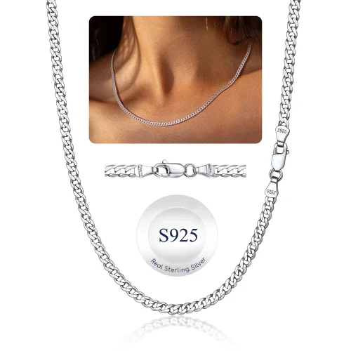 Suplight Solid 925 Sterling Silver 3mm Flat Curb Cuban Link Chain Necklace for Men and Women