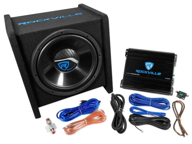 Rockville RV12.1C 600w 12" Loaded Car Subwoofer Enclosure+Mono Amplifier+Amp Kit