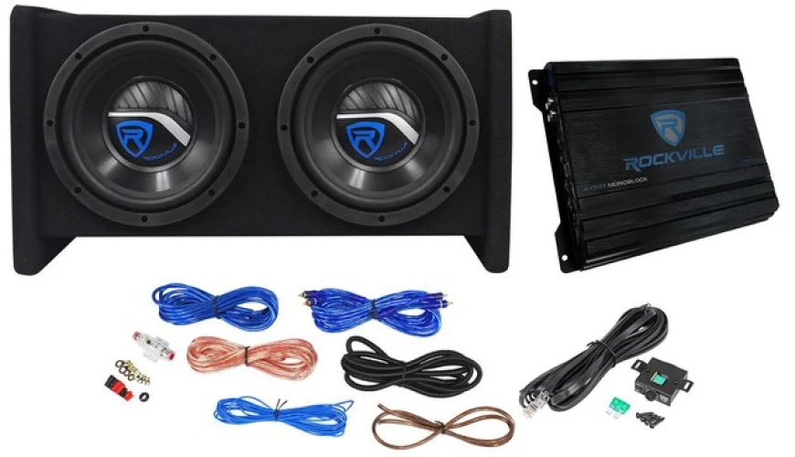 Rockville RV8.2A 800 Watt Dual 8-Inch Car Subwoofer Enclosure with Mono Amplifier and Amp Kit