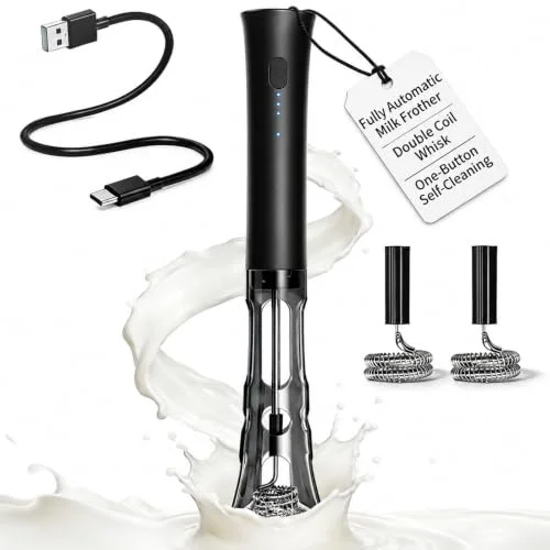 Milk Frother Handheld Rechargeable, Low Noise Frother Wand with Hands-Free Stand, Dual Coil Milk Frother for Coffee, Latte, Cappuccino & Matcha for Thick Creamy Foam, Anti-Accidental Start Design
