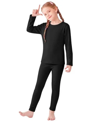 Resinta Girls Cotton Thermal Underwear Set Kids Base Layer Long Johns Top and Bottom Set Black