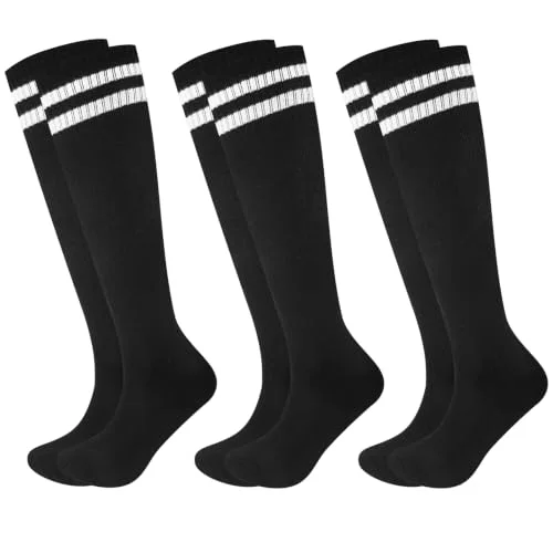 GEDOH 3/6 Pairs Kids Soccer Socks Striped Knee High Tube Socks for Boys and Girls 6-12 Years Old