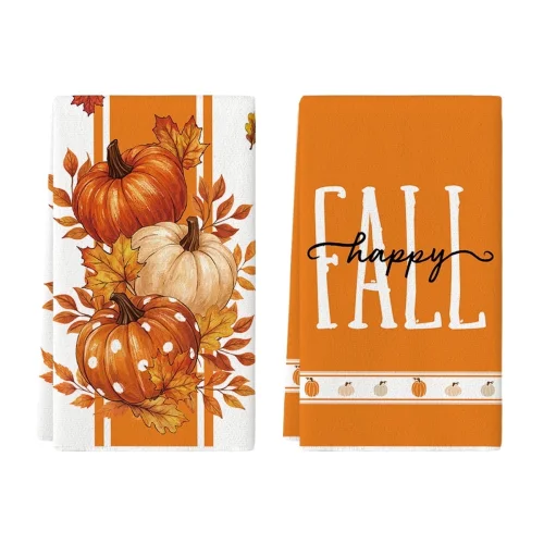 Sm:)e Maple Leaves Pumpkins Orange Fall Kitchen Dish Towels Set of 2, Soft & Absorbent Washcloth 18x26 Inch