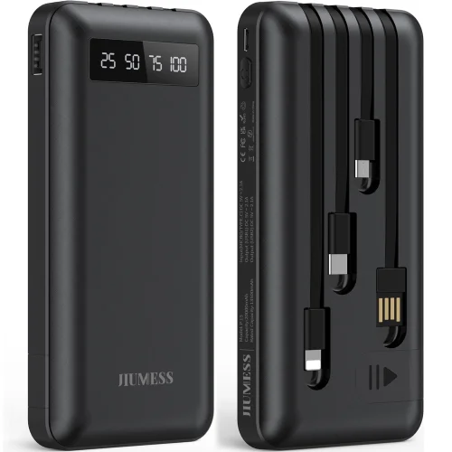 JIUMESS 20000mAh Power Bank Portable Charger with Built-in Cables for iPhone and Android Devices
