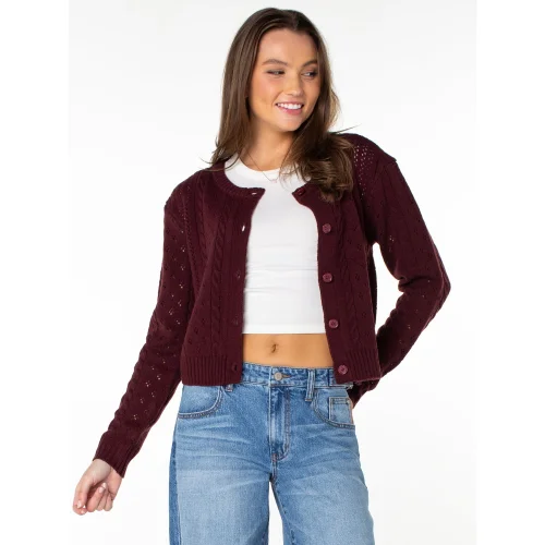 Celebrity Pink Women's Pointelle Crew Neck Cardigan Sweater, Available in Sizes XS to XXXL