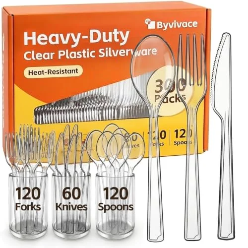 300 Count Heavy Duty Plastic Silverware, Bulk Disposable Utensils for Party | BPA-Free & Heat Resistant, Hard Plastic Spoons and Forks Set for Parties, Events, Gatherings and Everyday Use, Cutlery Set