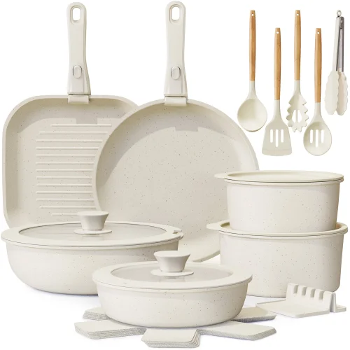 Astercook 22 Piece Nonstick Ceramic Pots and Pans Set with Detachable Handles, Cream White