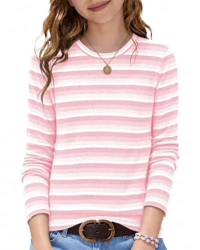 Girls Long Sleeve Striped Sweatshirt Crewneck Pullover Ribbed Knit Slim Fit Tunic Tee Top Light Pink