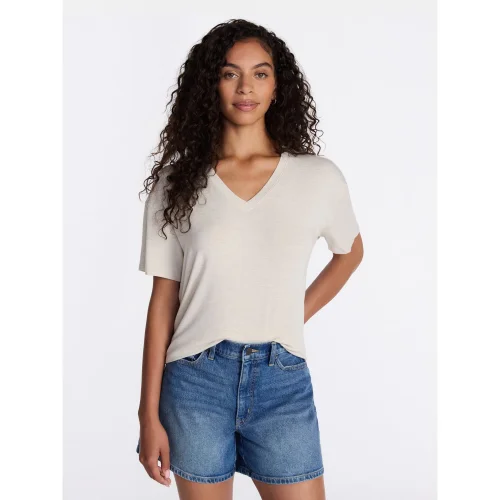 Time and Tru Women's V-Neck Tunic Tee with Short Sleeves, Sizes XS-XXXL