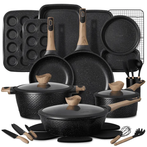 Carote 32-Piece Nonstick Pots and Pans, Granite Cookware Set with Bakeware & Knives, Black