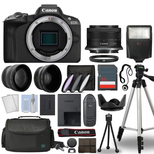Canon EOS R50 Mirrorless Camera Black with 3 Lens Kit 18-45mm, 32GB Memory Card, and Flash