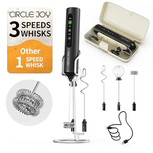 CIRCLE JOY Rechargeable Handheld Milk Frother Wand with Stand, 3 Variable Speeds and 3 Whisks, Black