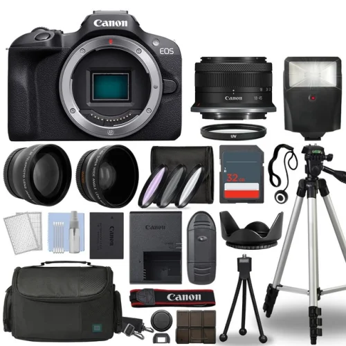 Canon EOS R100 Mirrorless Camera Black with 18-45mm Lens Kit, 32GB Memory Card, and Flash Unit