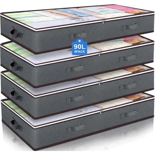 4 Pack 90L Clear Foldable Under Bed Storage Containers with Lid and Reinforced Handles in Gray