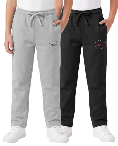 Reebok 2 Pack Boys Fleece Sweatpants Athletic Pants Kids Teen Youth Sweat | Straight Leg, Pockets, Drawstring Waist, Clothes Clothing School Sports Track Workout Gym Activewear Fall Winter Warm