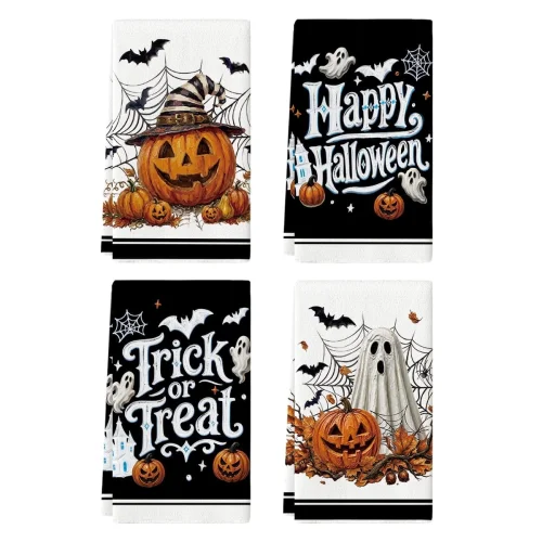 4-Pack Sm:)e Pumpkin Ghost Bat Happy Halloween Dish Towels, 18x26 Inch Seasonal Kitchen Hand Towels