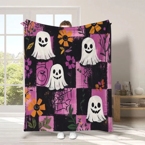 Kbndieu Halloween Throw Blanket, Cute Ghost Fleece Blanket for Couch, 70x100cm Multicolor Polyester